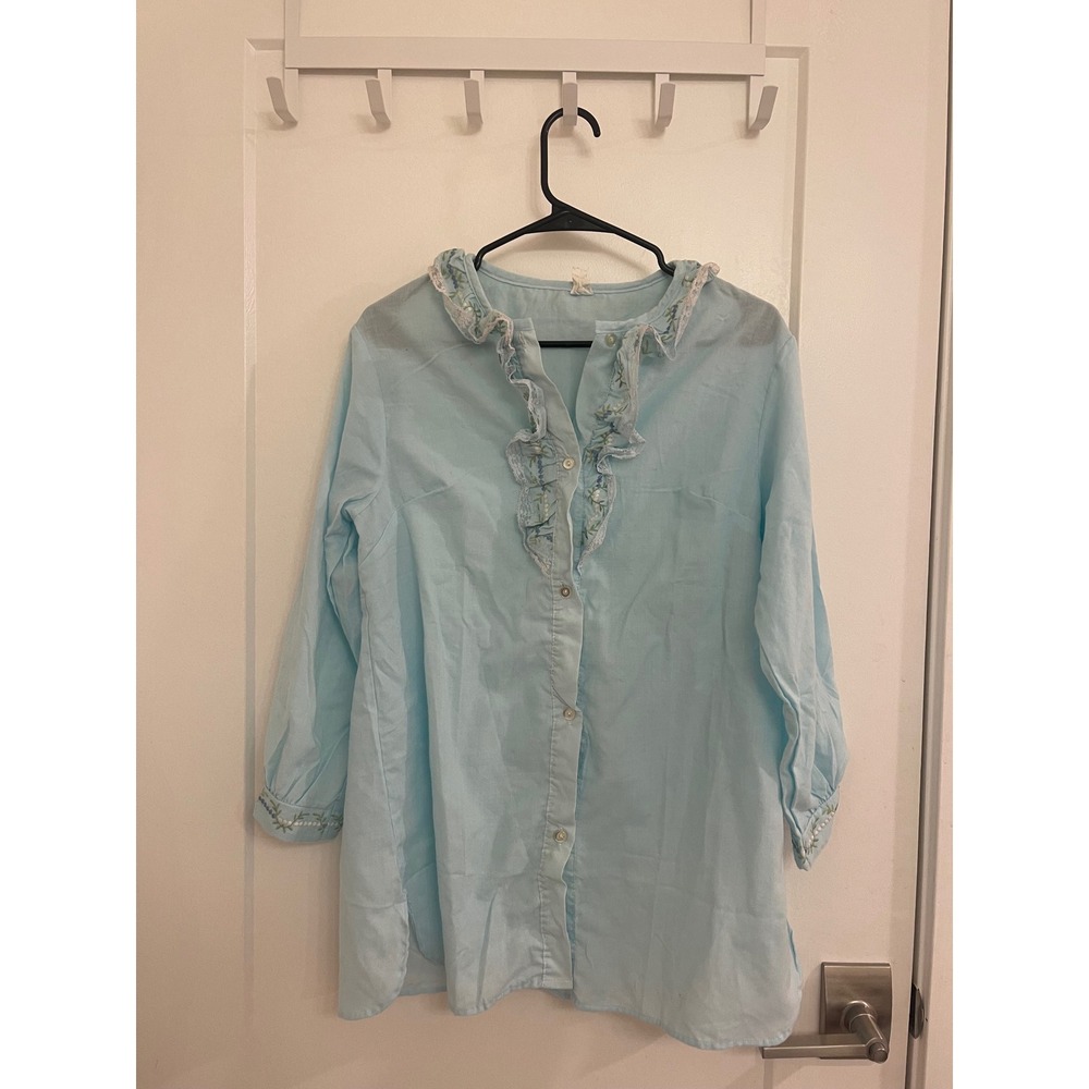 Vintage 70s Ruffled Pajama Blouse Blue GrandmaCore Embroidered‎ Cottagecore